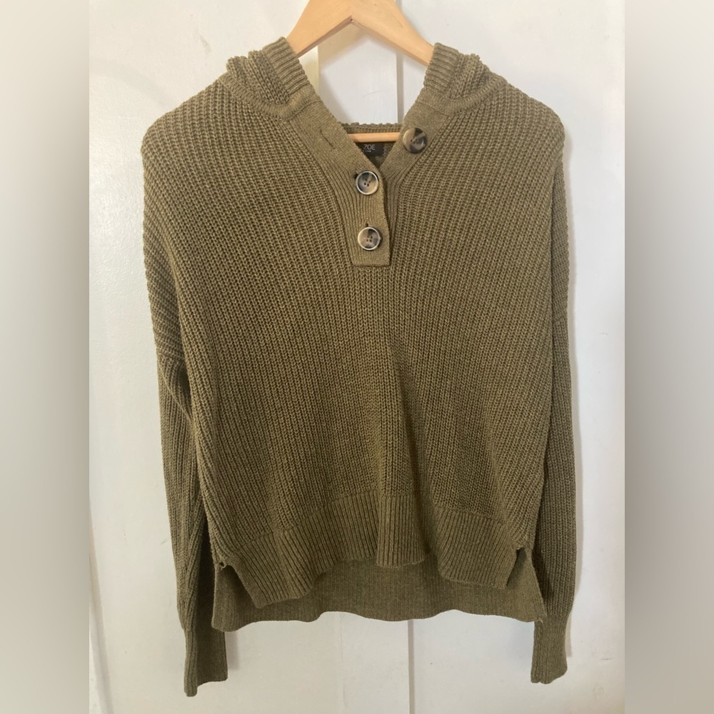 RACHEL Zoe popover hood sweater oversized three button olive green fall